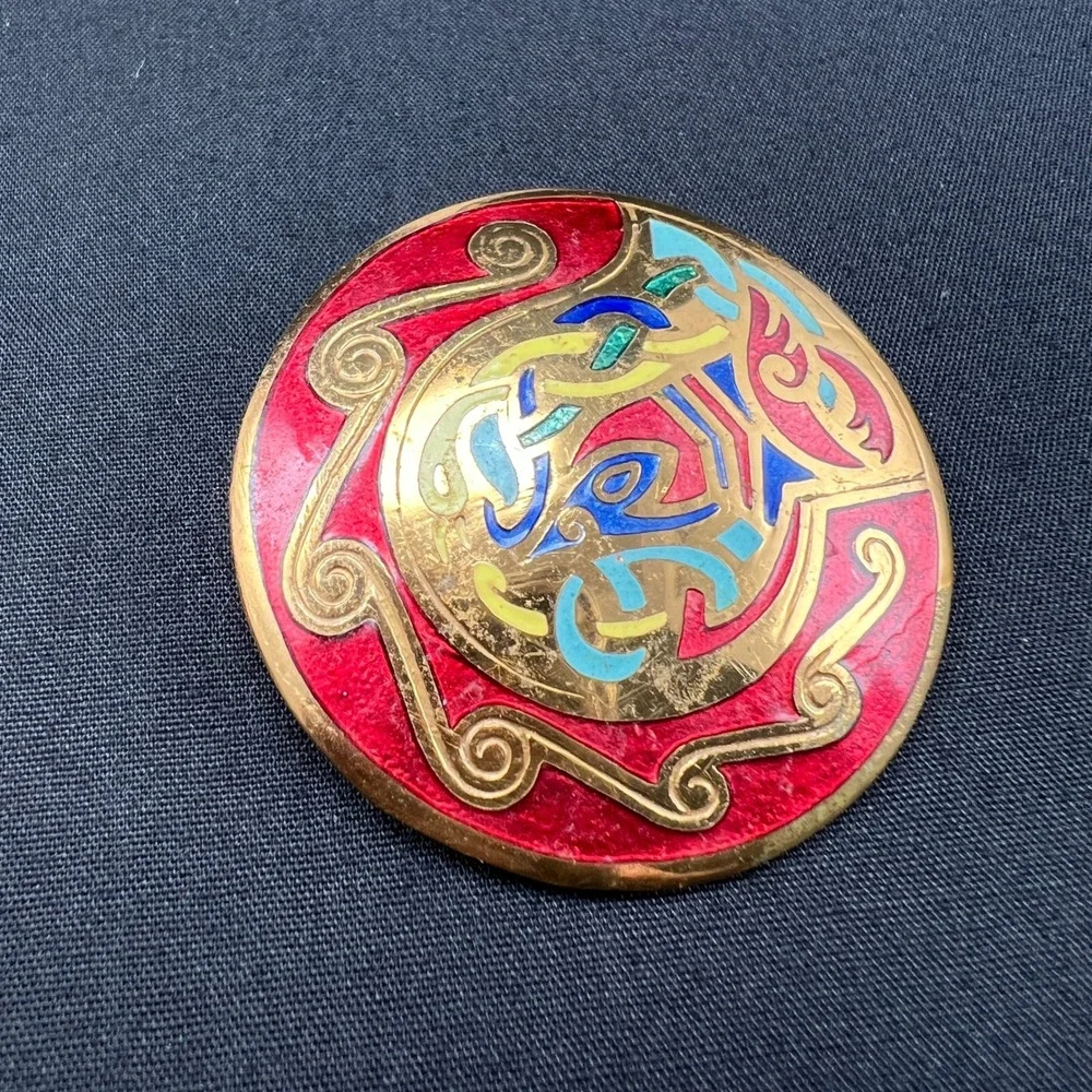 Vintage Celtic Brooch Red Gold Multicolor Enamel Knotwork‎ Irish
